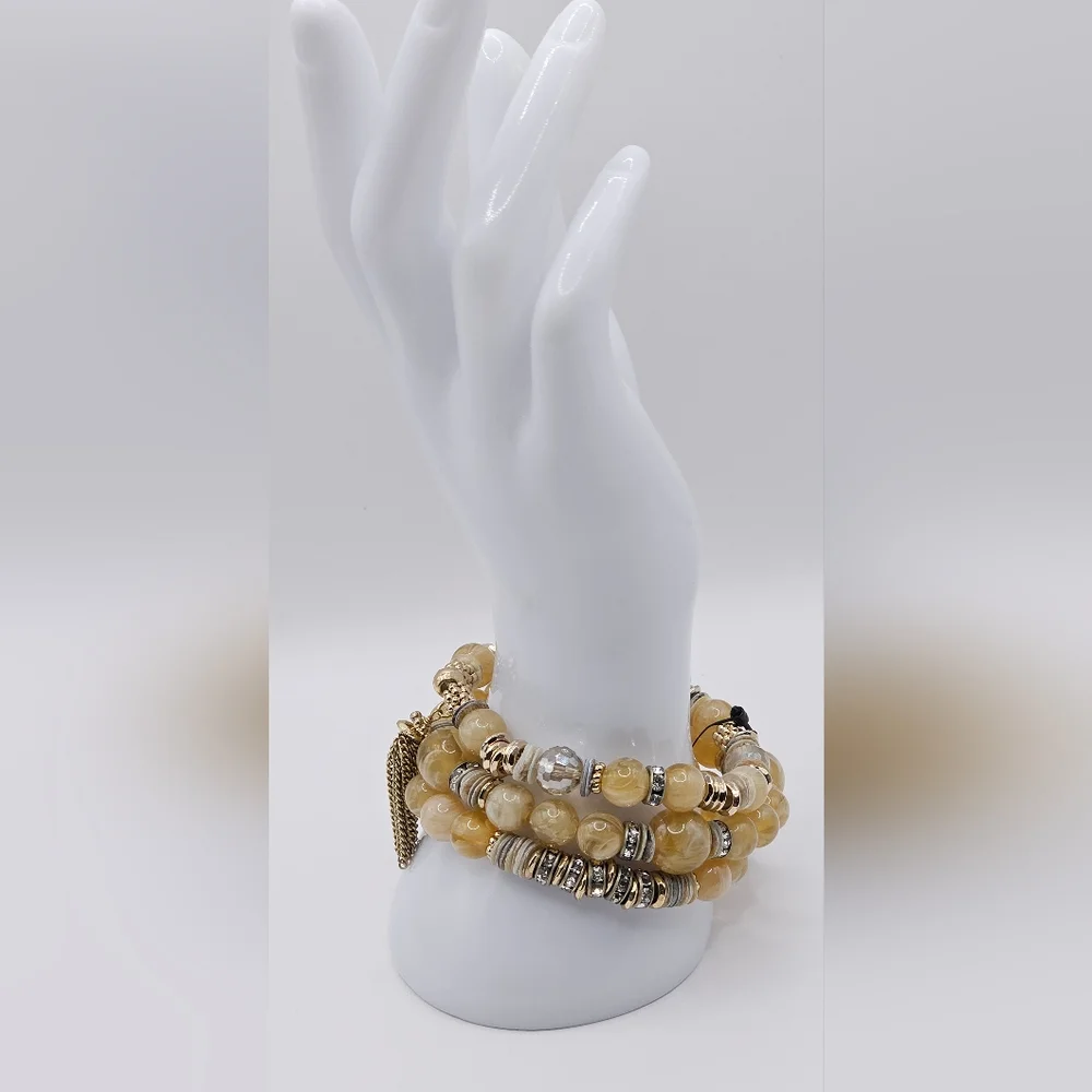 CHICO'S Vinia Tan and Gold Beaded Stretch‎ Bracelet Set